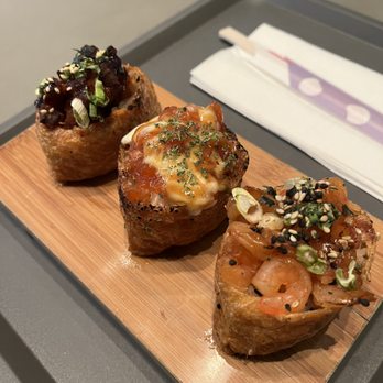 Mari Mari - Spicy Octopus Inari, Salmon Tataki Inari, and Garlic Shrimp Inari - Ramen Near Me - Philadelphia, Pennsylvania Mari Mari - Spicy Octopus Inari, Salmon Tataki Inari, and Garlic Shrimp Inari - Ramen Near Me - Philadelphia, Pennsylvania
