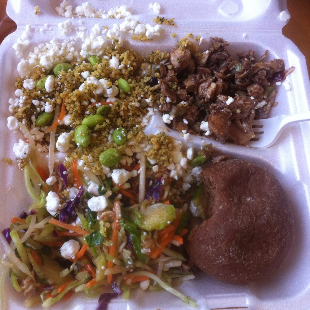 Three's Company: vinaigrette chicken salad/edamame couscous salad/broccoli slaw + wheat roll