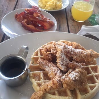 Morgans Restaurant - Chicken n waffles, side of cheese eggs and bacon - New American Near Me - Miami, Florida