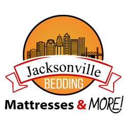 Jacksonville Bedding, Mattresses & More - The logo shows a Jacksonville city skyline inside an orange circle with a white curved banner that says Jacksonville...