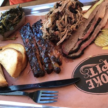 The Smoke Pit - 3 Amigos combo tray with brisket, ribs, and pulled pork. Comes with 2 sides and bread. - Barbeque Near Me - Gastonia, North Carolina The Smoke Pit - 3 Amigos combo tray with brisket, ribs, and pulled pork. Comes with 2 sides and bread. - Barbeque Near Me - Gastonia, North Carolina