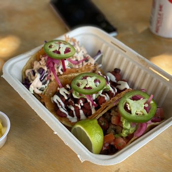 Salt  + Lime - Taco  Trio: (left to right):  Taco Mi-Rey Al Pastor Carne Asada - Mexican Near Me - Del Mar, California