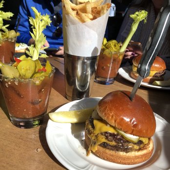 Au Cheval - My wife's "single" burger, French Fries, and Bloody Mary - Bars Near Me - Chicago, Illinois