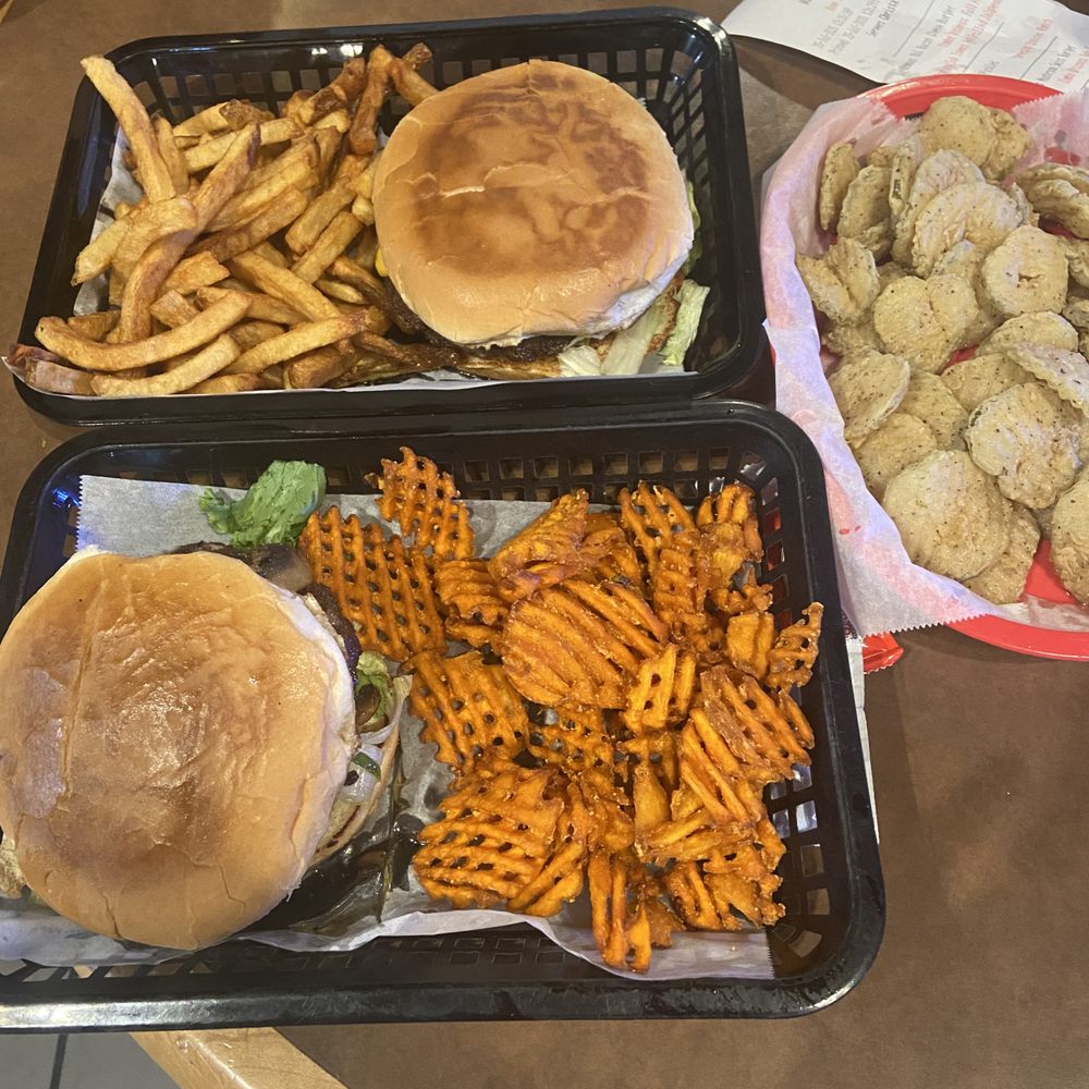Burgers and fried pickles Burgers and fried pickles