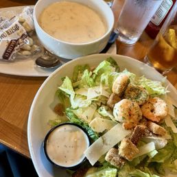 Clam Chowder. Caesar salad with practically rubber shrimp.