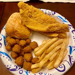 Krispy Chicken - Fried catfish, okra, French fries, roll