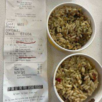 Bojangles - Two orders of rice instead of mac & cheese - Fast Food Near Me - Manor, Texas