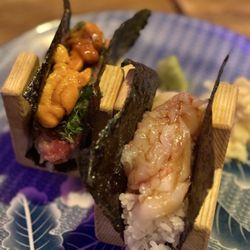 Umami Steak and Sushi Bar - Negi Toro (plus uni) U-Temaki & Sweet Shrimp Hotate U-Temaki