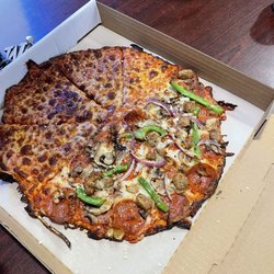 Medium 1/2 cheese, 1/2 Sausage, Pepperoni, Bell Pepper, Onion & Mushroom on thin crust...perfect!