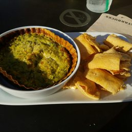 Spinach Artichoke dip and pita chips...part of the Starbucks evening menu Spinach Artichoke dip and pita chips...part of the Starbucks evening menu