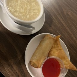Egg Flower Soup, Egg Roll and Fried Wonton Egg Flower Soup, Egg Roll and Fried Wonton