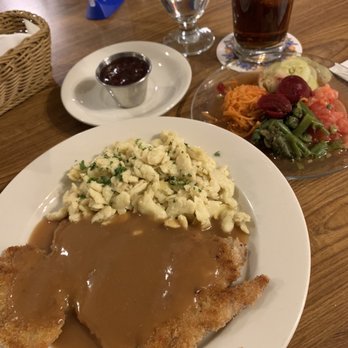 Bavarian Grill - Jager Schnitzel (no mushrooms) , Spätzle , mixed veggies, & side of cranberry sauce. - German Near Me - Plano, Texas