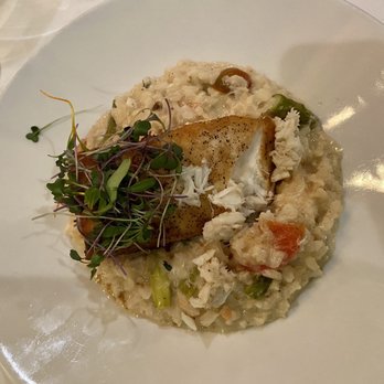 Aurora Restaurant & Bar - Pan seared halibut over mushroom risotto with crab meat - Mediterranean Near Me - Old Tappan, New Jersey Aurora Restaurant & Bar - Pan seared halibut over mushroom risotto with crab meat - Mediterranean Near Me - Old Tappan, New Jersey