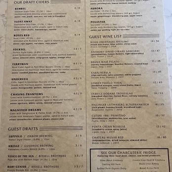 Absolem Cider - Menu - The menu features a selection of draft ciders, guest drafts, and a charcuterie fridge with local meats and cheeses at Absolem Cider in Winthrop, Maine. - Cideries Near Me - Winthrop, Maine