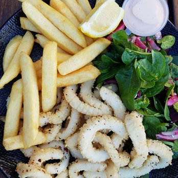 Saltwater Grill - Salt & Pepper Calamari with beetroot salad and chips - Fast Food Near Me - Albert Park, VIC