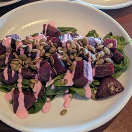 Roasted beets. The beets could've used more seasoning. Not much to write home about without the goat cheese dressing. Roasted beets. The beets could've used more seasoning. Not much to write home about without the goat cheese dressing.