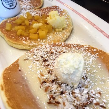 Breakfast Republic - Flight of pancakes ($13) Lemon coconut, pineapple upside down, and churro in the back - Breakfast & Brunch Near Me - San Diego, California