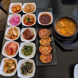 Seafood jeon and doenjang jjigae