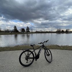 Team Cycling and Fitness - Black Trek E-Bike with water in the background on dusk filled sky.