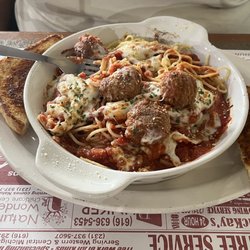 C & J's Family Restaurant - Baked Spaghetti and garlic bread.
