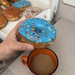 Rolling Pin Donuts - Rolling Pin Sprinkle Blue Frosting Donut and Home Coffee this Beautiful Sunday Morning!