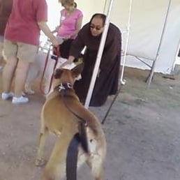Franciscan monk blessing Pyrenees, Jaek can barely wait his turn. Franciscan monk blessing Pyrenees, Jaek can barely wait his turn.