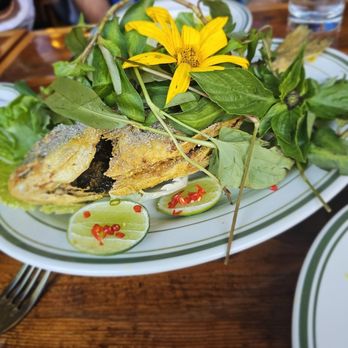 Bong - Crispy Whole Fish- whole dorado, tuk m'pil, tuk trey koh kong, lettuce wraps, herb adventure. $48. Tasty. A bit hard to eat - Cambodian Near Me - Brooklyn, New York