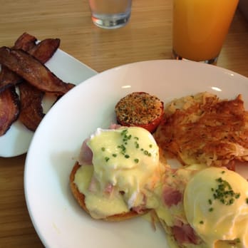 Early Bird - Eggs Benedict, hash browns, broiled tomato, with a side of bacon. - New American Near Me - Fullerton, California Early Bird - Eggs Benedict, hash browns, broiled tomato, with a side of bacon. - New American Near Me - Fullerton, California