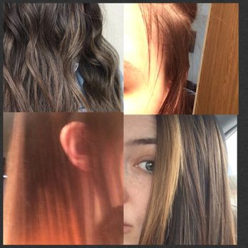 Salon Aura - Top right, the photo I brought in as color insp, top right, the weird awkward bangs she razored, bottom left, weird orange chunky "balayage" - Nail Salons Near Me - Omaha, Nebraska