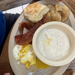 2 eggs overnight done to perfection! Hash browns and fresh biscuit with gray