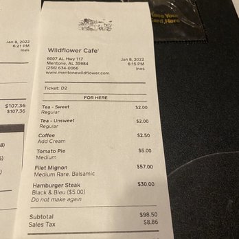 Wildflower Cafe - Note the charge for "cream" - $2.50 for cream packets. - New American Near Me - Mentone, Alabama