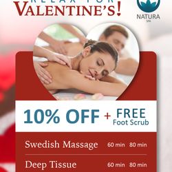 Natura Spa - Valentine's Special for you and your favorite person: 10% OFF massages.
Free foot scrub included--because the details matter.