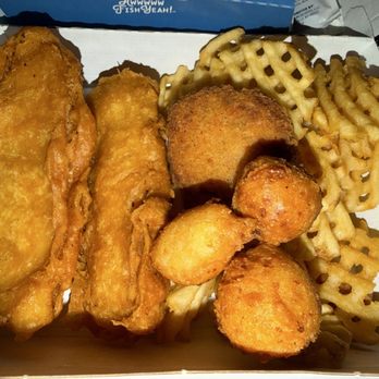 Long John Silver's - 2 pc Cod fish platter with waffle fries, 1 crab cake, and hush puppies. - Seafood Near Me - Odessa, Texas