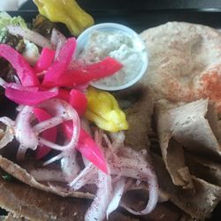 Al Seraj Mediterranean Restaurant & Market - Pickled turnip, baba ganoush and gyro meat, stuffed grape leaves. Everything was so delicious!