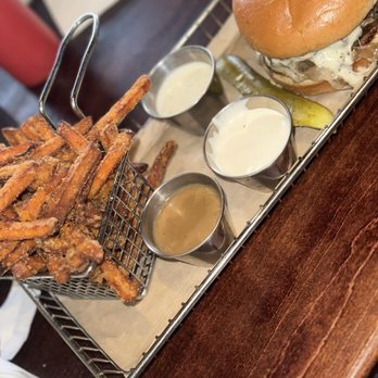 Hops Burger Bar - French Onion Burger with Sweet Potato Fries - Burgers Near Me - Greensboro, North Carolina