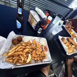 Shrimp, scallop combo with fries and hush puppies!
