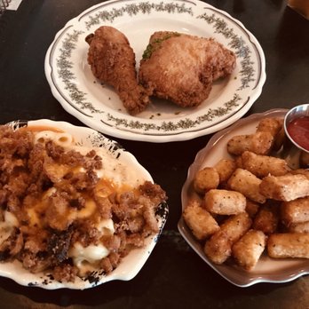Haberdish - Fried Chicken dark meat, home made tater tots, Mac and Cheese with chicken skins - Southern Near Me - Charlotte, North Carolina Haberdish - Fried Chicken dark meat, home made tater tots, Mac and Cheese with chicken skins - Southern Near Me - Charlotte, North Carolina