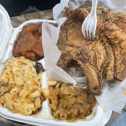 Mac n cheese, candied yams, cabbage, fried pork chops Mac n cheese, candied yams, cabbage, fried pork chops