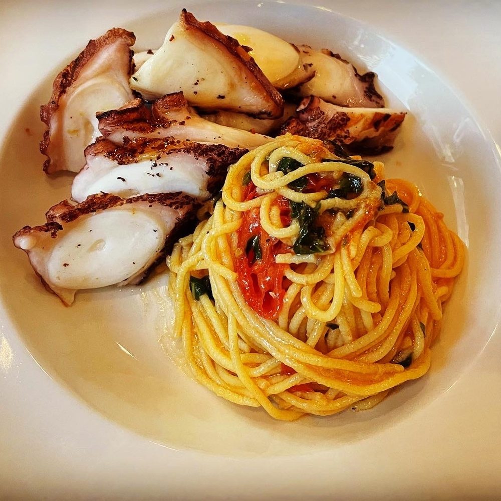 Davanti Ristorante - Grilled Octopus with side of Spaghetti - Italian Near Me - Houston, Texas Davanti Ristorante - Grilled Octopus with side of Spaghetti - Italian Near Me - Houston, Texas
