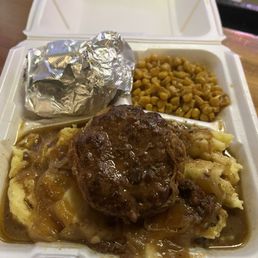 Hamburger steak. Mash potatoes and corn. Hamburger steak. Mash potatoes and corn.