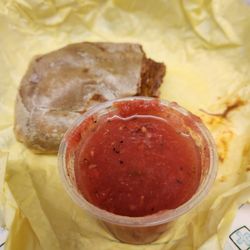 Tom's Tacos - Beef, Bean & Cheese Burrito with a small servicing of salsa