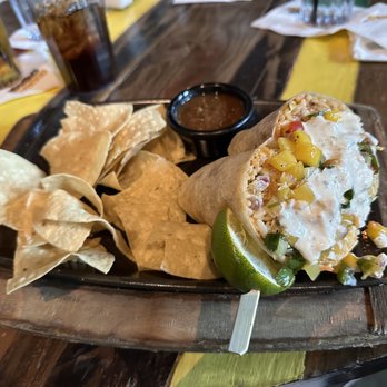 Nacho Daddy - Baja Shrimp Burrito: shrimp tossed in a sweet chili lime glaze, citrus slaw, Mexican rice, mango pico de gallo & awesome sauce. - New American Near Me - Las Vegas, Nevada