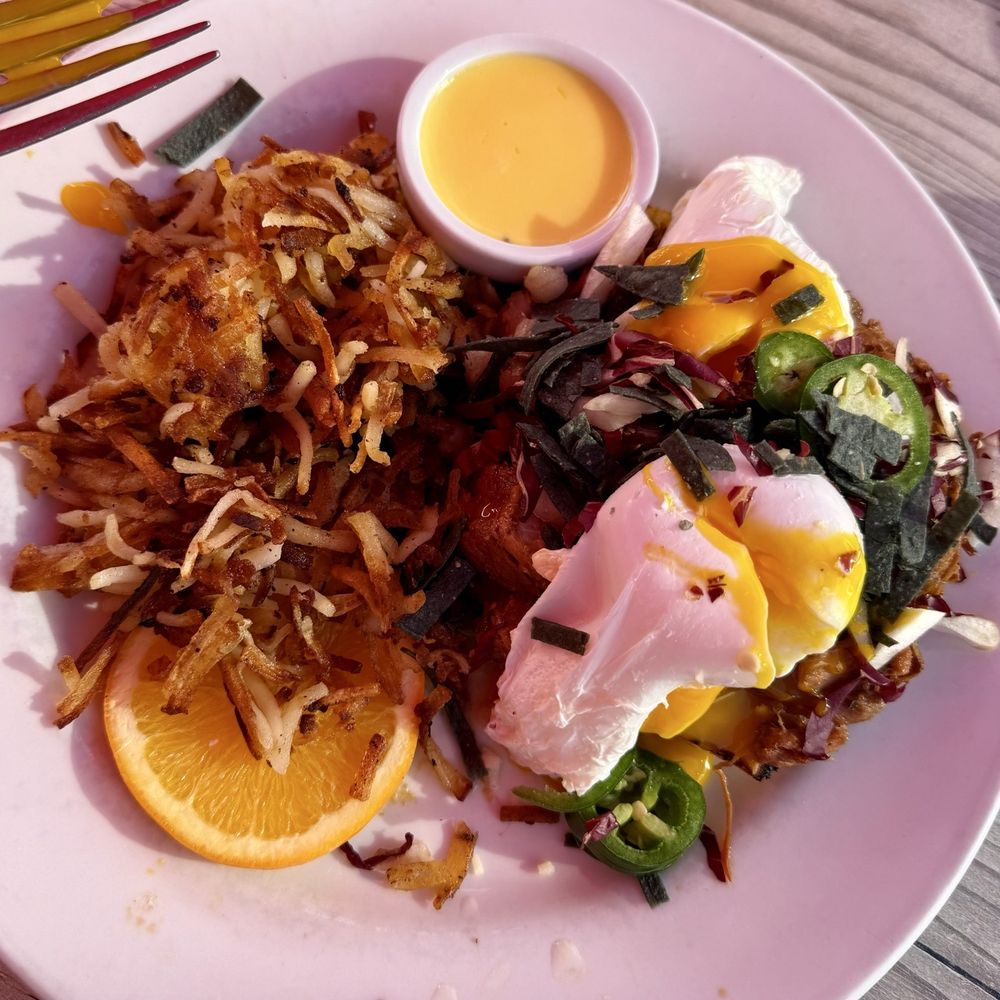 Shorehouse Kitchen - Pork Carnitas & Poblano Cornbread Benedict with crispy hash browns - Coffee & Tea Near Me - La Jolla, California Shorehouse Kitchen - Pork Carnitas & Poblano Cornbread Benedict with crispy hash browns - Coffee & Tea Near Me - La Jolla, California