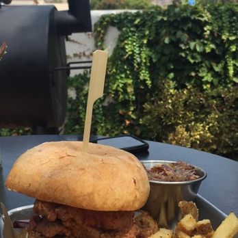 The Nest - Fried chicken sandwich with bacon jam on the side - Waffles Near Me - Ojai, California
