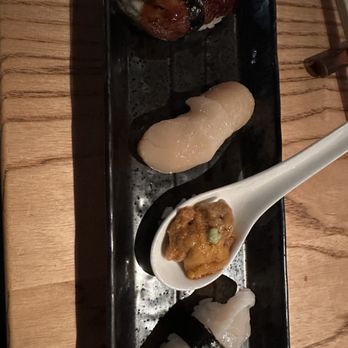 Sushi Kashiba - Part of Omakse (note the Port Townsend uni on the spoon, Hakkido scallop, local geoduck - Japanese Near Me - Seattle, Washington Sushi Kashiba - Part of Omakse (note the Port Townsend uni on the spoon, Hakkido scallop, local geoduck - Japanese Near Me - Seattle, Washington