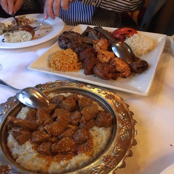 Toros Restaurant - Combination platter and traditional meat entree with eggplant cream. - Turkish Near Me - Clifton, New Jersey Toros Restaurant - Combination platter and traditional meat entree with eggplant cream. - Turkish Near Me - Clifton, New Jersey