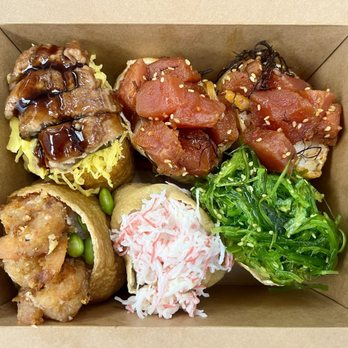 Inari Factory - Inari Combo B; 2pcs ahi shoyu poke, unagi, garlic shrimp kanikama (imitation crab) and ocean salad - Japanese Near Me - Honolulu, Hawaii