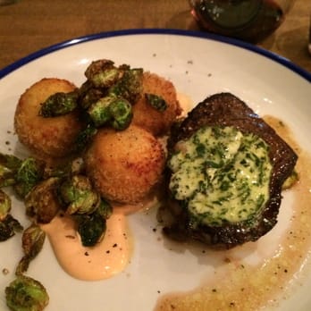 The Workshop Eatery - Token steak dish yum! Tater tot balls and crispy Brussels sprouts mmm - Canadian (New) Near Me - Edmonton, Alberta The Workshop Eatery - Token steak dish yum! Tater tot balls and crispy Brussels sprouts mmm - Canadian (New) Near Me - Edmonton, Alberta