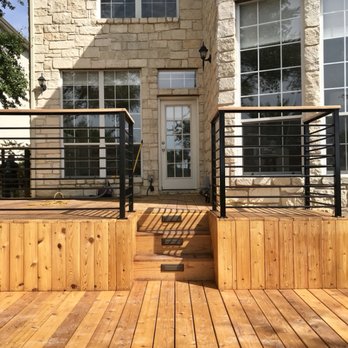 Walker Welding - New cedar deck & horizontal handrails finished for a friend. - Metal Fabricators Near Me Walker Welding - New cedar deck & horizontal handrails finished for a friend. - Metal Fabricators Near Me