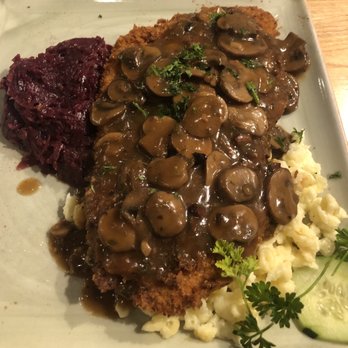 Colchuck's - Jager Schnitzel with Red Cabbage and Spaetzel - German Near Me - Leavenworth, Washington Colchuck's - Jager Schnitzel with Red Cabbage and Spaetzel - German Near Me - Leavenworth, Washington